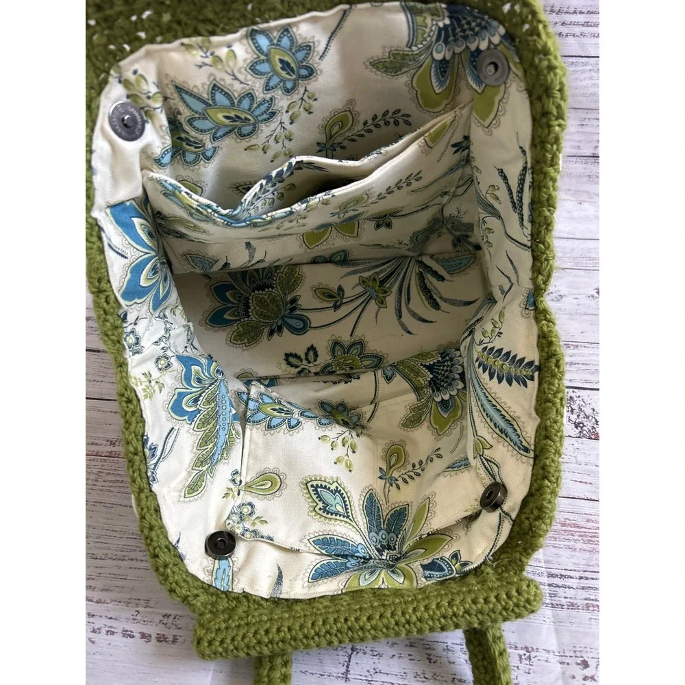 Crochet Tote Bag Handmade Green Floral Lining Boho Cottage Button Accents Large